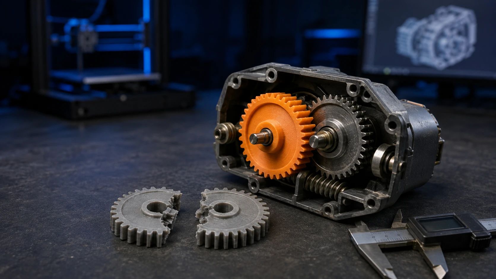 Ein orange gedrucktes Zahnrad läuft in einem geöffneten Getriebe, davor liegt das gebrochene Original aus Metall