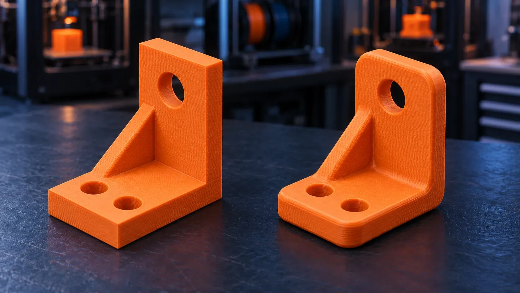 Zwei gleiche orange gedruckte Winkel nebeneinander, links mit scharfen Kanten, rechts durchgehend verrundet