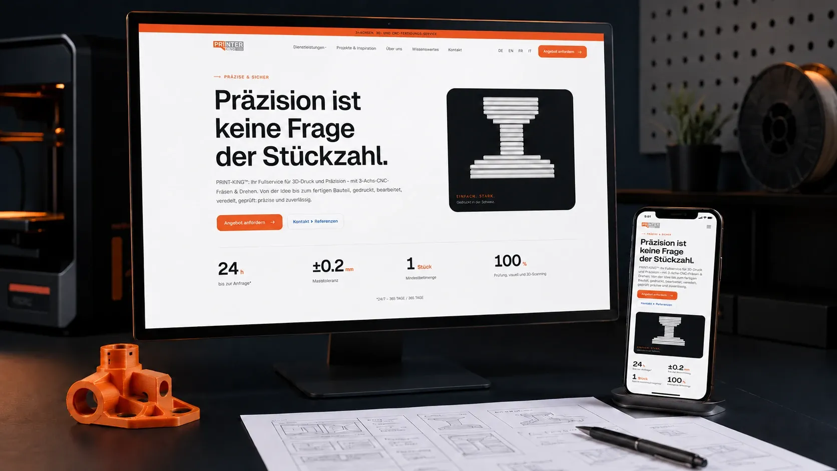 Die neue Website auf einem Bildschirm und einem Telefon nebeneinander, beide zeigen den Auftakt „Präzision ist keine Frage der Stückzahl“