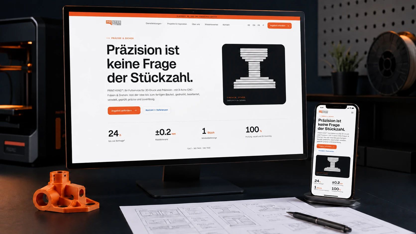 Die neue Website auf einem Bildschirm und einem Telefon nebeneinander, beide zeigen den Auftakt „Präzision ist keine Frage der Stückzahl“