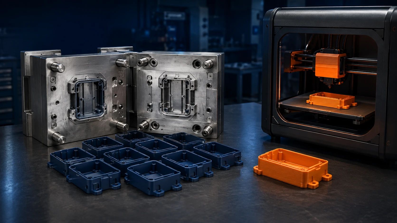 Links eine geöffnete Spritzgussform mit einer Reihe blauer Serienteile, rechts ein 3D-Drucker mit einem einzelnen orangen Bauteil