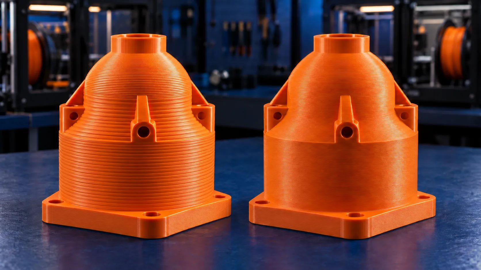Zweimal dasselbe orange gedruckte Bauteil nebeneinander, links mit deutlich hervortretenden Schichtlinien und einem sichtbaren Wechsel der Schichtstärke, rechts gleichmässig fein
