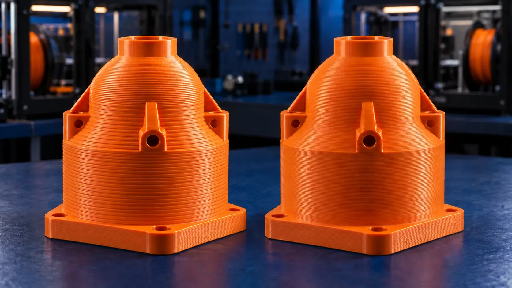 Zweimal dasselbe orange gedruckte Bauteil nebeneinander, links mit deutlich hervortretenden Schichtlinien und einem sichtbaren Wechsel der Schichtstärke, rechts gleichmässig fein