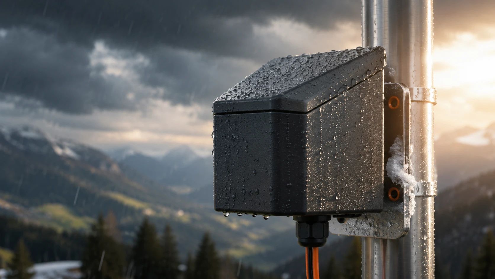 Ein dunkles, regennasses Gehäuse an einem Mast, dahinter eine Alpenlandschaft im Gewitterlicht
