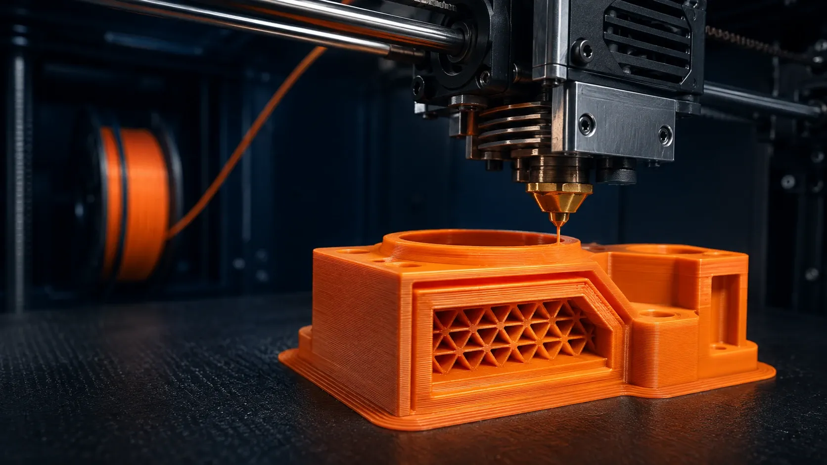 Die Düse eines 3D-Druckers legt orangen Kunststoff Schicht für Schicht ab, im offenen Bauteil liegt die Wabenfüllung frei