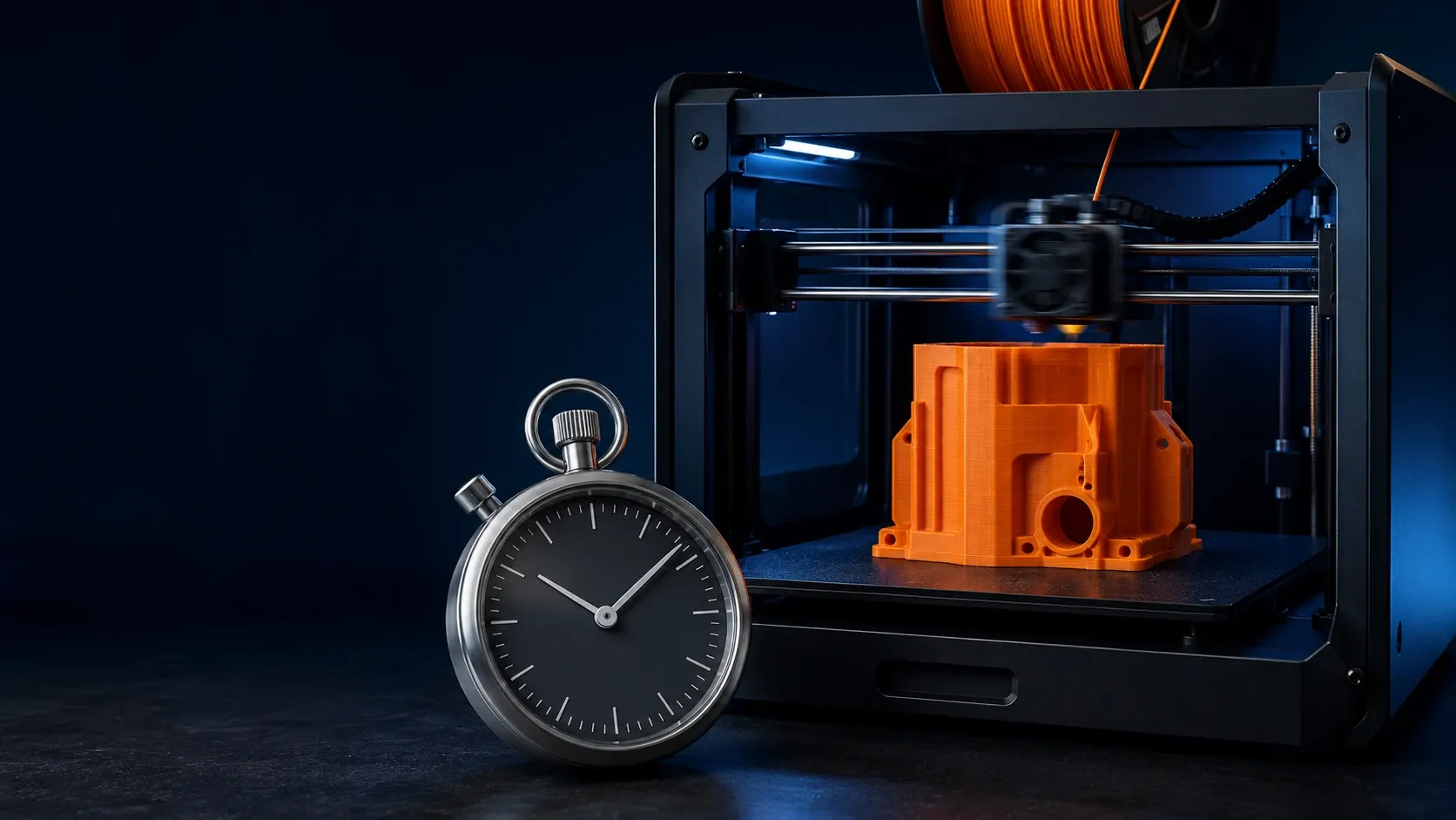 Eine Stoppuhr vor einem offenen 3D-Drucker, der ein orangefarbenes Gehäuse fertigt